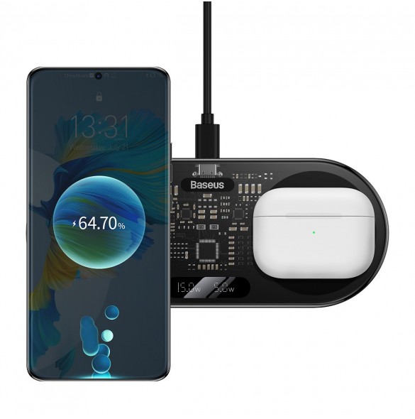 Baseus Digital LED Display dubbel trådlös laddare med digital display 20W svart (WXSX010101)