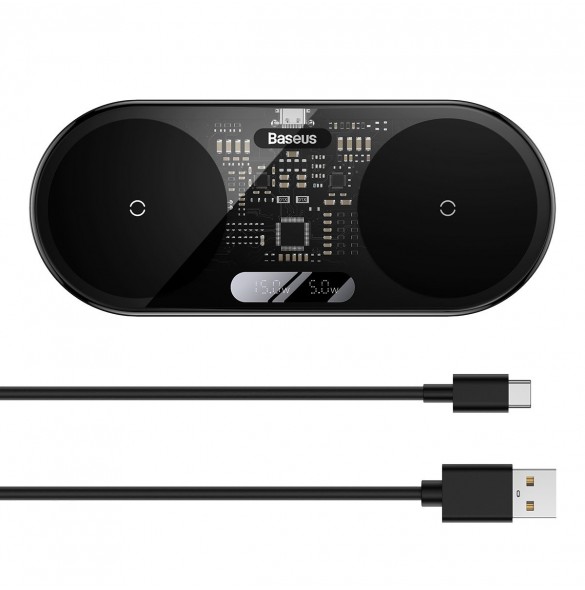 Baseus Digital LED Display dubbel trådlös laddare med digital display 20W svart (WXSX010101)