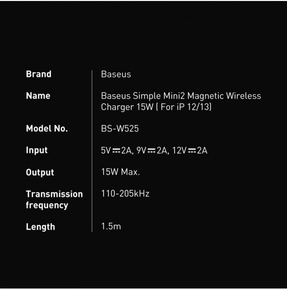 Baseus Simple Mini2 15W magnetisk Qi trådlös laddare kompatibel med MagSafe Black (CCJJ010001)