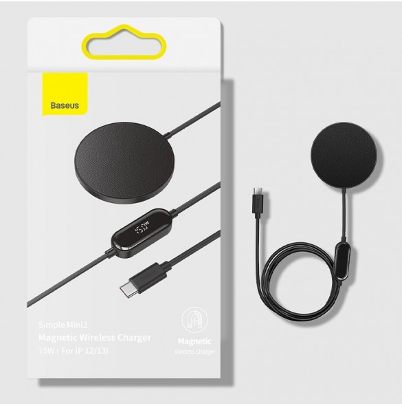 Baseus Simple Mini2 15W magnetisk Qi trådlös laddare kompatibel med MagSafe Black (CCJJ010001)