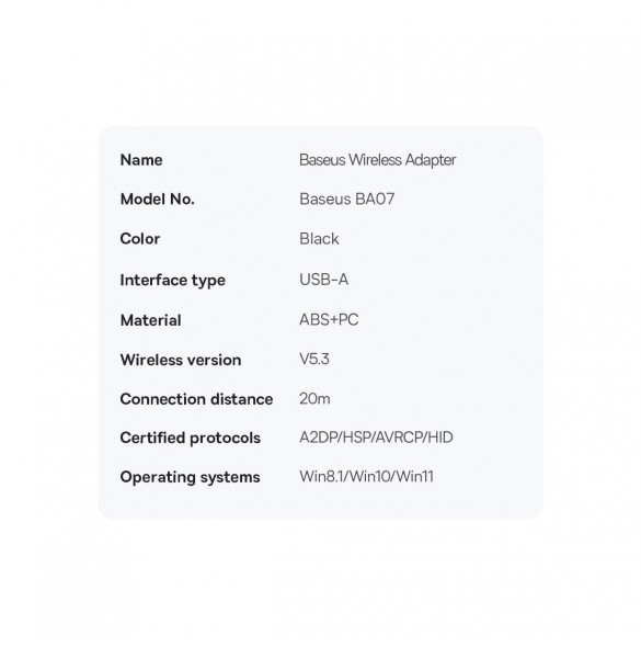 Baseus BA07 Bluetooth USB-adapter - svart
