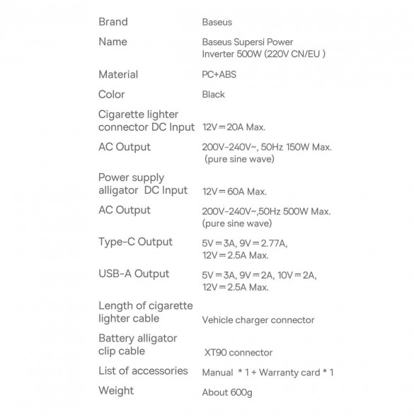 Baseus bilströmväxelriktare 150W 12V / 500W 220V (EU- och CN-kontakt) svart (CGNB000101)