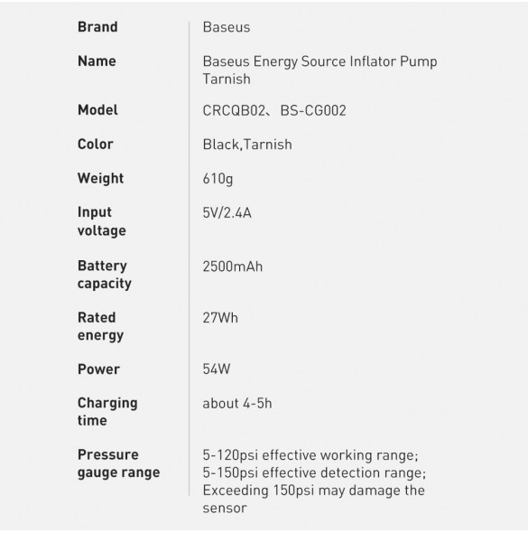 Baseus mini bilkompressor däckpump med batteri 2500mAh 54W svart (CRNL040001)