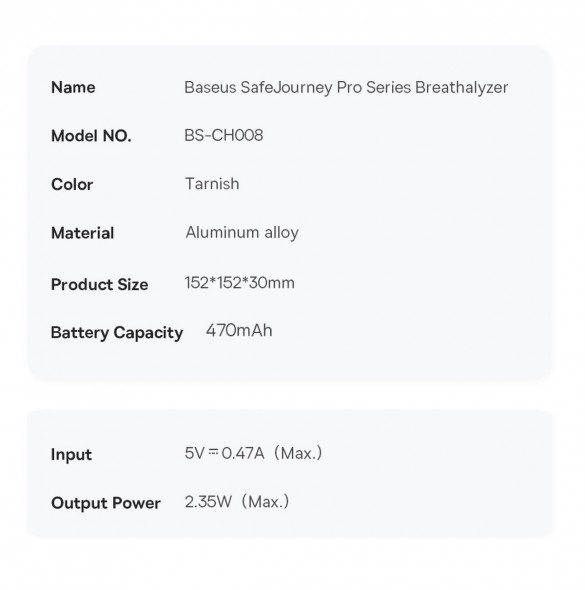 Baseus SafeJourney Pro Series alkomätare 470mAh grå