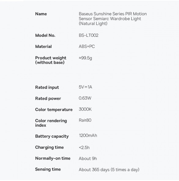 Baseus Sunshine Series garderobslampa med PIR-rörelsedetektor 1200 mAh vit (DGYG000002)
