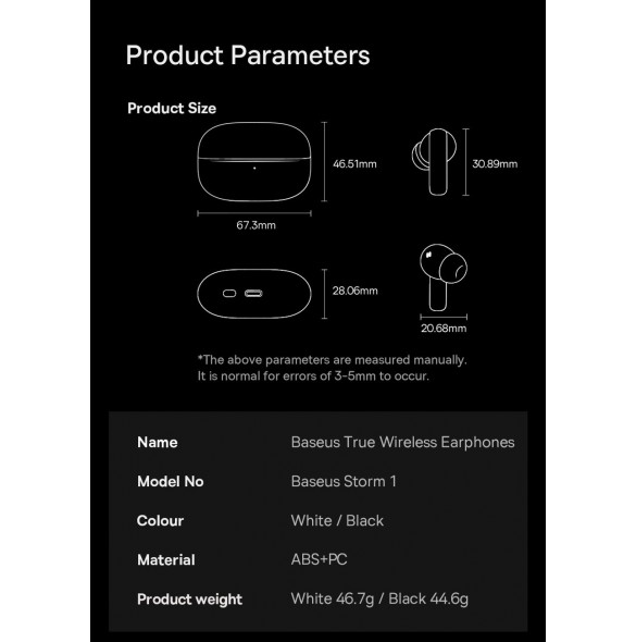 Baseus Storm 1 trådlösa bluetooth 5.2 TWS in-ear-hörlurar med ANC / ENC vit (NGTW140202)