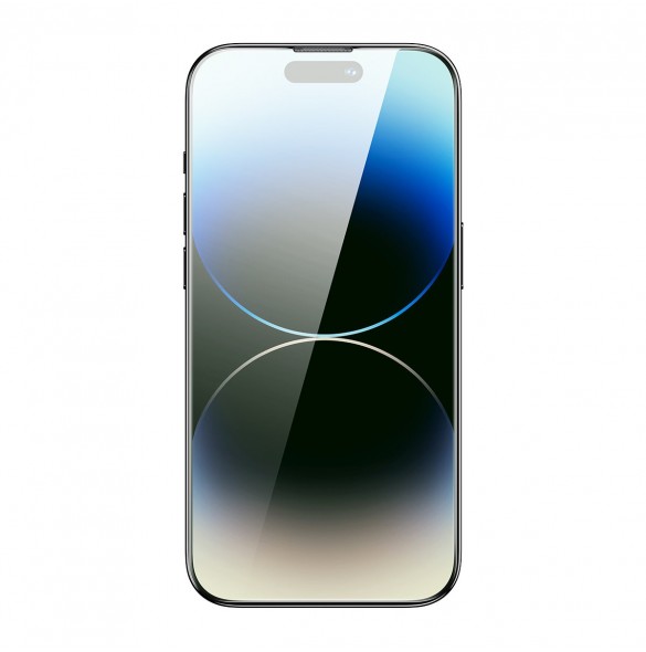 Baseus helskärmshärdat glas för iPhone 14 Pro Max med antiblått ljusfilter och 0,3 mm högtalarskydd + monteringsram