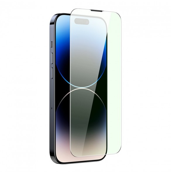 Baseus helskärmshärdat glas för iPhone 14 Pro Max med antiblått ljusfilter och 0,3 mm högtalarskydd + monteringsram