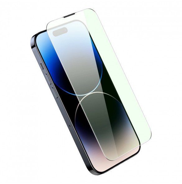 Baseus helskärmshärdat glas för iPhone 14 Pro Max med antiblått ljusfilter och 0,3 mm högtalarskydd + monteringsram