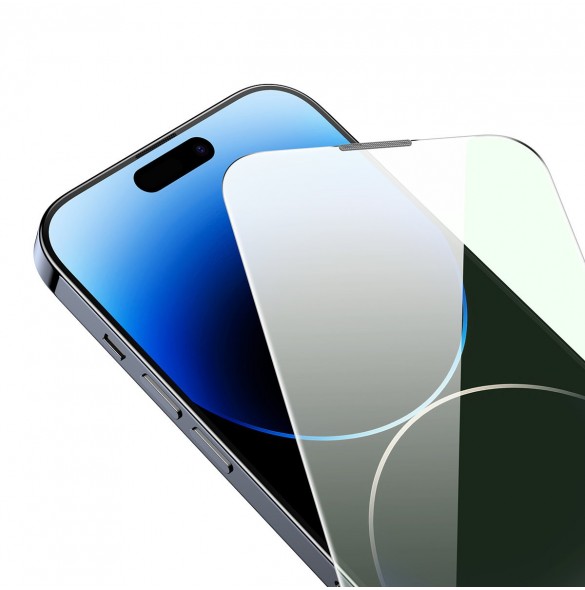 Baseus helskärmshärdat glas för iPhone 14 Pro Max med antiblått ljusfilter och 0,3 mm högtalarskydd + monteringsram