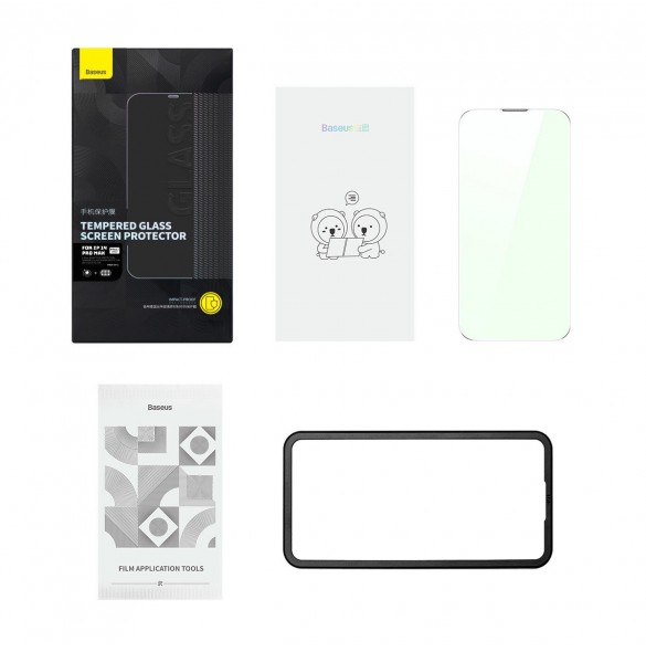 Baseus helskärmshärdat glas för iPhone 14 Pro Max med antiblått ljusfilter och 0,3 mm högtalarskydd + monteringsram