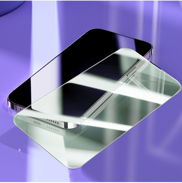 Baseus helskärmshärdat glas för iPhone 14 Pro Max med antiblått ljusfilter och 0,3 mm högtalarskydd + monteringsram