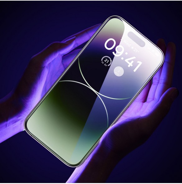 Baseus helskärmshärdat glas för iPhone 14 Pro Max med antiblått ljusfilter och 0,3 mm högtalarskydd + monteringsram