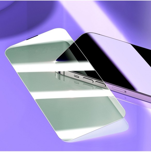 Baseus helskärmshärdat glas för iPhone 14 Pro Max med antiblått ljusfilter och 0,3 mm högtalarskydd + monteringsram