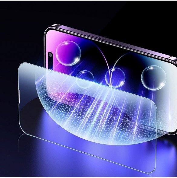 Baseus helskärmshärdat glas för iPhone 14 Pro Max med antiblått ljusfilter och 0,3 mm högtalarskydd + monteringsram
