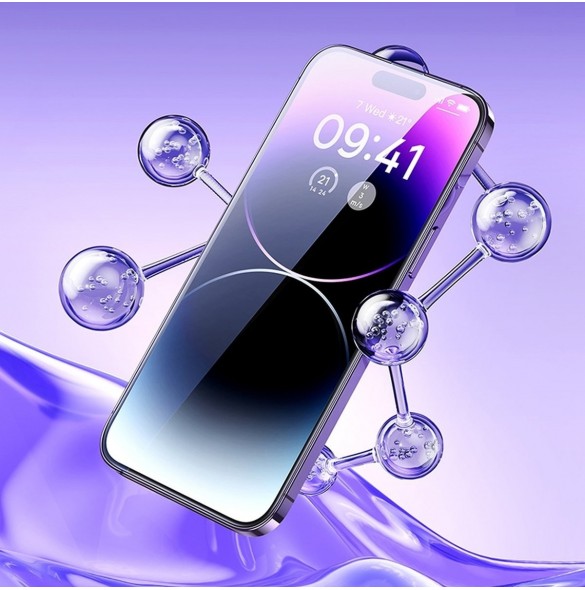 Baseus helskärmshärdat glas för iPhone 14 Pro Max med antiblått ljusfilter och 0,3 mm högtalarskydd + monteringsram