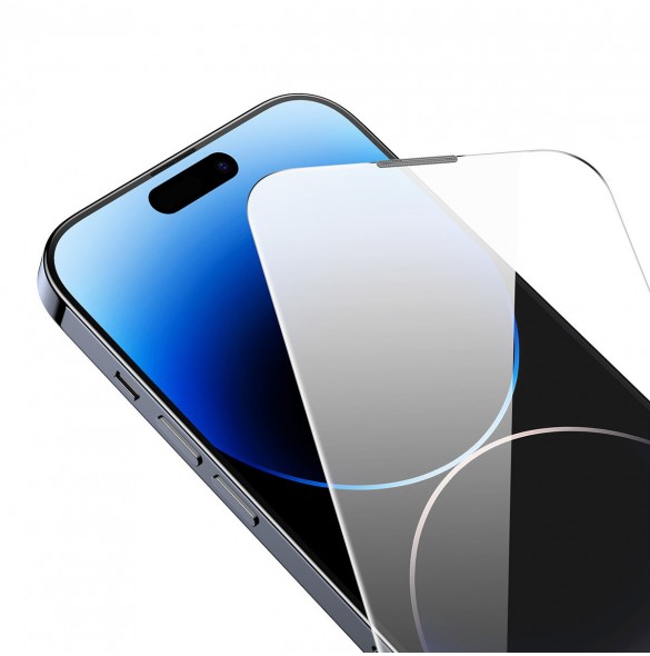 Baseus Set med 2x härdat glas för iPhone 14 Pro Max helskärm med högtalarskydd 0,3 mm + monteringsram