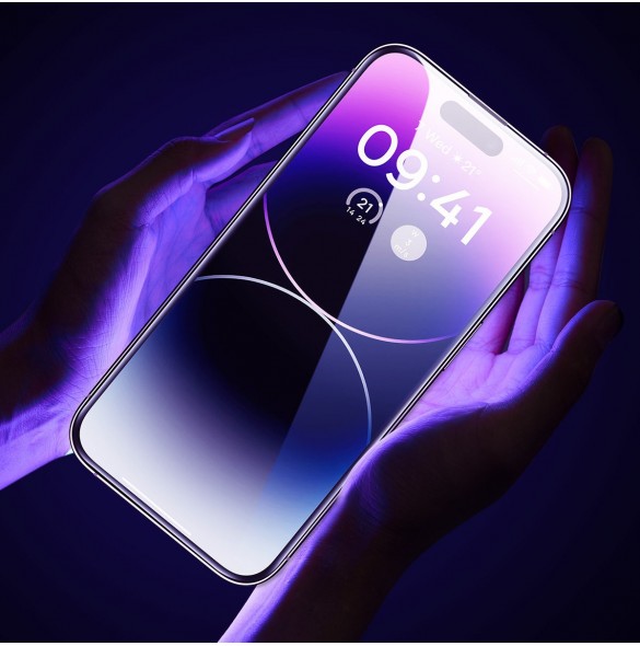 Baseus Set med 2x härdat glas för iPhone 14 Pro Max helskärm med högtalarskydd 0,3 mm + monteringsram