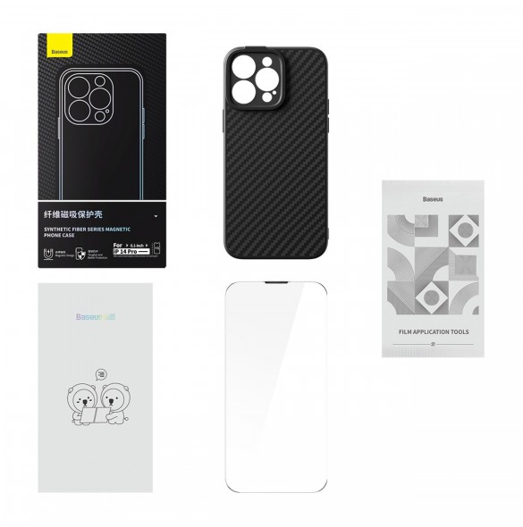 Pansarfodral för iPhone 14 Pro kompatibelt med MagSafe Baseus Syntetfiber härdat glas - svart