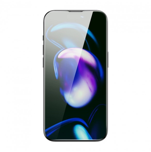 Baseus helskärmshärdat glas för iPhone 14 Pro med antiblått ljusfilter och 0,3 mm högtalarskydd + monteringsram