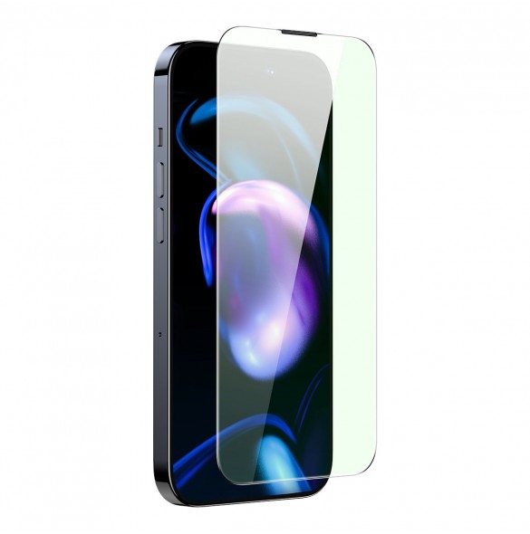 Baseus helskärmshärdat glas för iPhone 14 Pro med antiblått ljusfilter och 0,3 mm högtalarskydd + monteringsram