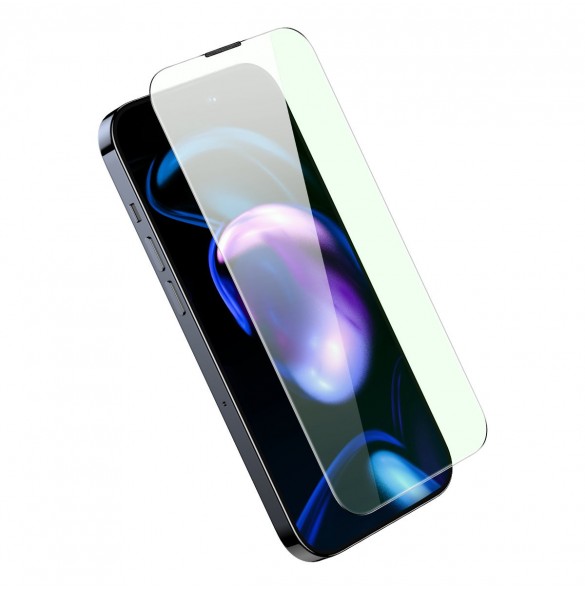 Baseus helskärmshärdat glas för iPhone 14 Pro med antiblått ljusfilter och 0,3 mm högtalarskydd + monteringsram