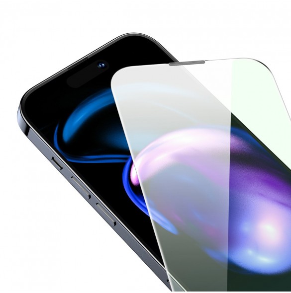 Baseus helskärmshärdat glas för iPhone 14 Pro med antiblått ljusfilter och 0,3 mm högtalarskydd + monteringsram