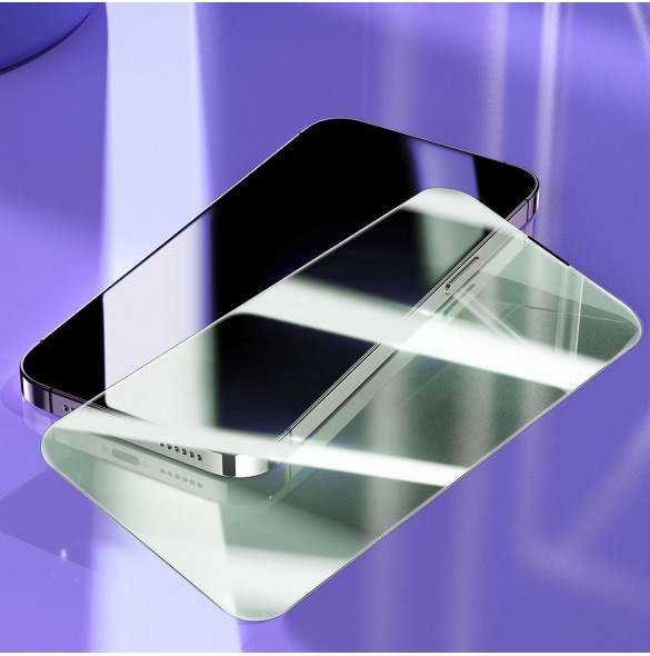 Baseus helskärmshärdat glas för iPhone 14 Pro med antiblått ljusfilter och 0,3 mm högtalarskydd + monteringsram