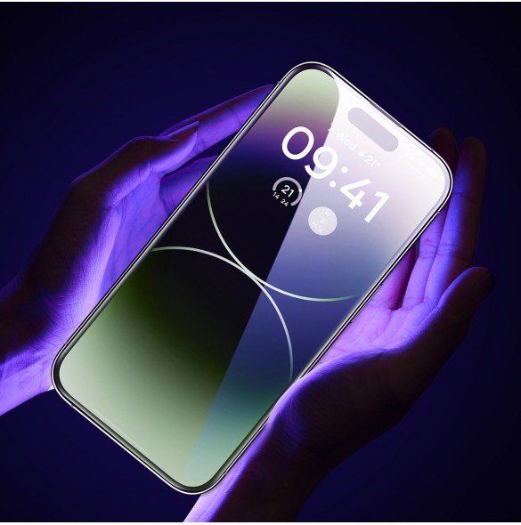 Baseus helskärmshärdat glas för iPhone 14 Pro med antiblått ljusfilter och 0,3 mm högtalarskydd + monteringsram