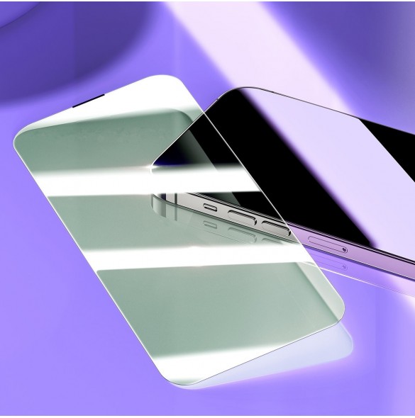 Baseus helskärmshärdat glas för iPhone 14 Pro med antiblått ljusfilter och 0,3 mm högtalarskydd + monteringsram