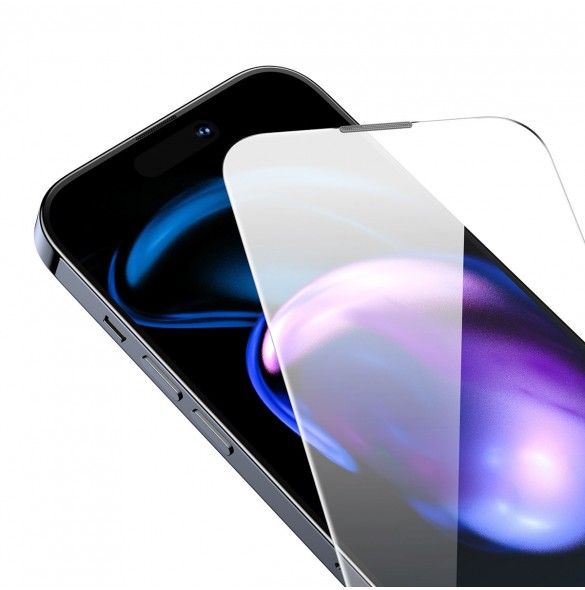 Baseus helskärmshärdat glas för iPhone 14 Pro med högtalarskydd 0,3 mm + monteringsram