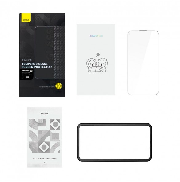 Baseus helskärmshärdat glas för iPhone 14 Pro med högtalarskydd 0,3 mm + monteringsram