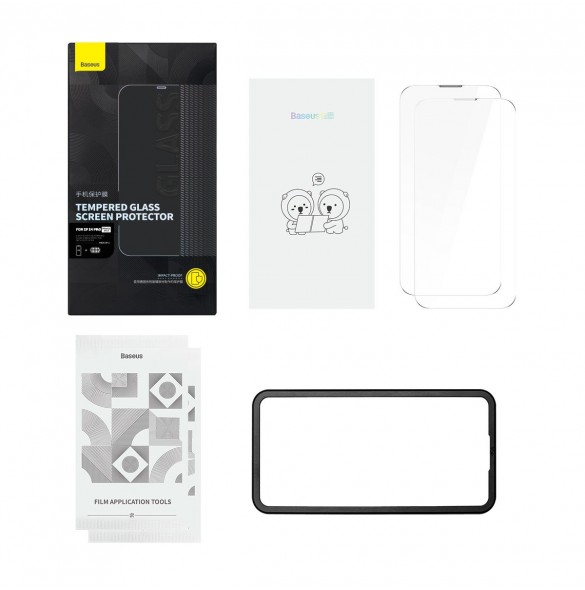 Baseus Set med 2x härdat glas för iPhone 14 Pro helskärm med högtalarskydd 0,3 mm + monteringsram