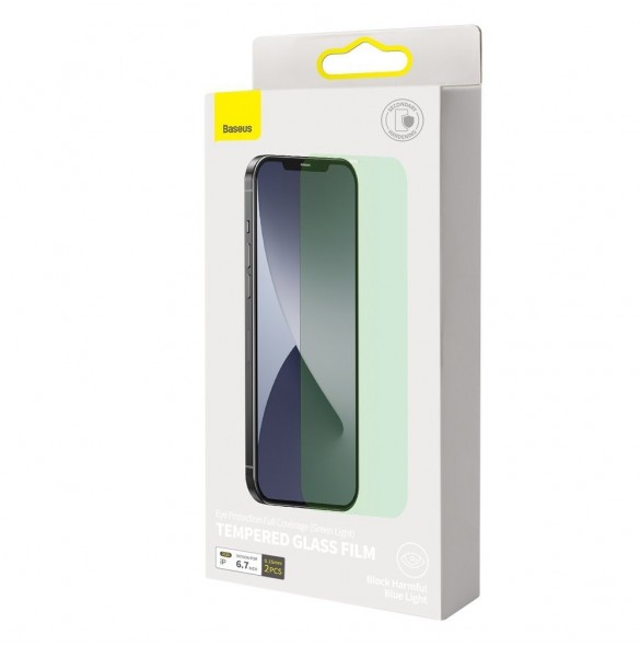 Baseus 2x grönt härdat glas 0,15 mm med antiblått ljusfilter iPhone 12 Pro Max (SGAPIPH67N-LQ02)