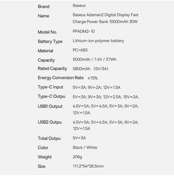 Baseus Adaman2 power bank with digital display 10000mAh 30W 2 x USB / 1x USB Type C Overseas Edition PD QC SCP black (PPAD040101