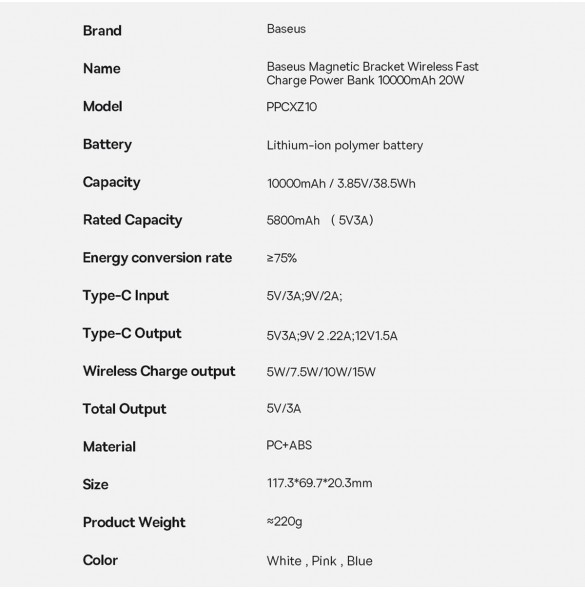 Baseus Magnetic Bracket powerbank med trådlös laddning MagSafe 10000mAh 20W Overseas Edition rosa (PPCX000204) + USB Type C-kabe