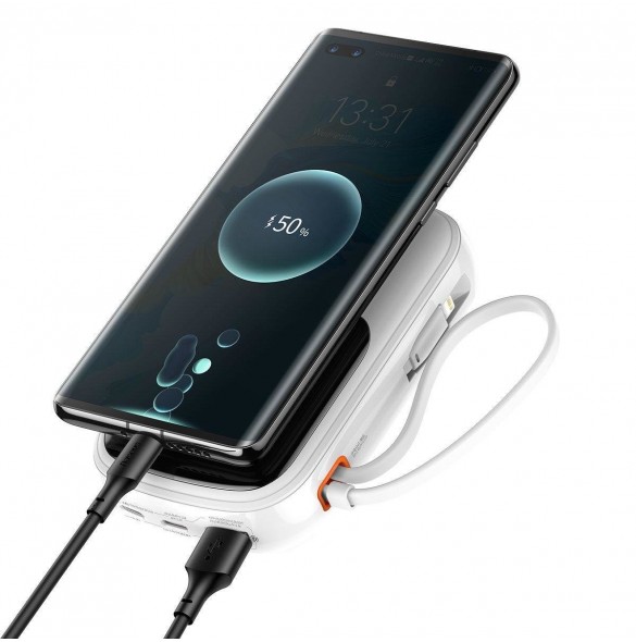 Baseus Qpow Digital Display Power Bank med snabbladdning 10000mAh 20W QC/PD/SCP/FCP med inbyggd Lightning-kabel Vit