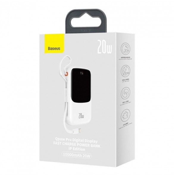Baseus Qpow Digital Display Power Bank med snabbladdning 10000mAh 20W QC/PD/SCP/FCP med inbyggd Lightning-kabel Vit