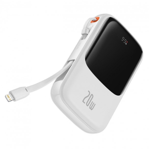 Baseus Qpow Digital Display Power Bank med snabbladdning 10000mAh 20W QC/PD/SCP/FCP med inbyggd Lightning-kabel Vit
