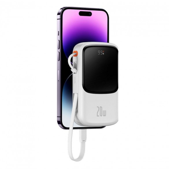 Baseus Qpow Digital Display Power Bank med snabbladdning 10000mAh 20W QC/PD/SCP/FCP med inbyggd Lightning-kabel Vit
