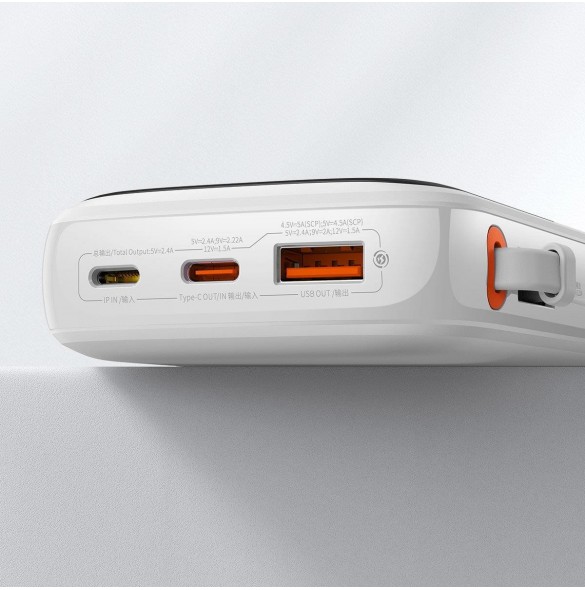 Baseus Qpow Digital Display Power Bank med snabbladdning 10000mAh 20W QC/PD/SCP/FCP med inbyggd Lightning-kabel Vit