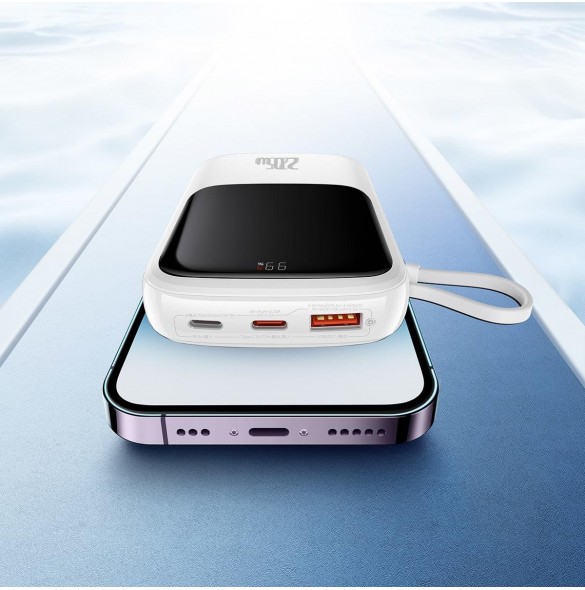 Baseus Qpow Digital Display Power Bank med snabbladdning 10000mAh 20W QC/PD/SCP/FCP med inbyggd Lightning-kabel Vit
