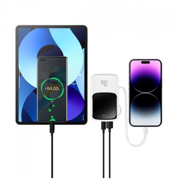 Baseus Qpow Digital Display Power Bank med snabbladdning 10000mAh 20W QC/PD/SCP/FCP med inbyggd Lightning-kabel Vit