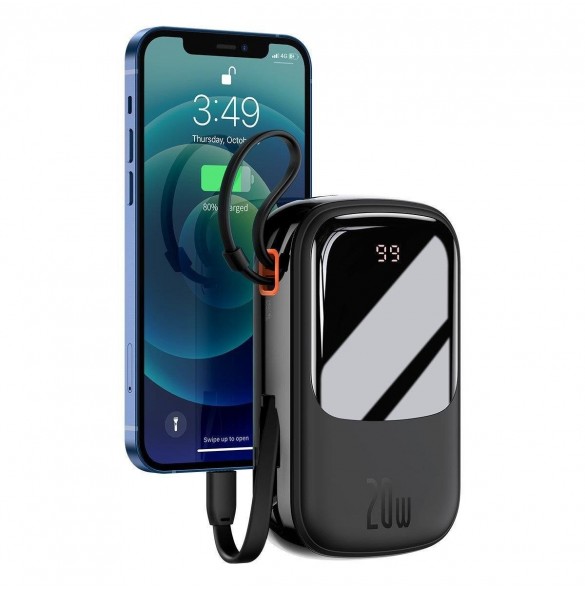 Baseus Qpow Digital Display powerbank med snabbladdning 20000mAh 20W QC/PD/SCP/FCP med inbyggd Lightning-kabel svart