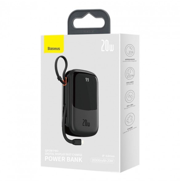 Baseus Qpow Digital Display powerbank med snabbladdning 20000mAh 20W QC/PD/SCP/FCP med inbyggd Lightning-kabel svart