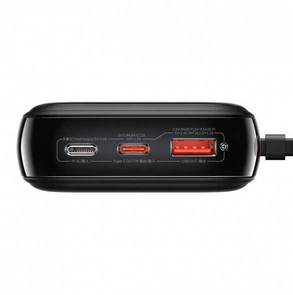 Baseus Qpow Digital Display powerbank med snabbladdning 20000mAh 20W QC/PD/SCP/FCP med inbyggd Lightning-kabel svart