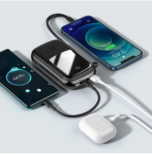 Baseus Qpow Digital Display powerbank med snabbladdning 20000mAh 20W QC/PD/SCP/FCP med inbyggd Lightning-kabel svart