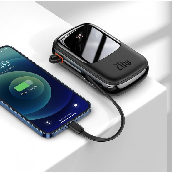 Baseus Qpow Digital Display powerbank med snabbladdning 20000mAh 20W QC/PD/SCP/FCP med inbyggd Lightning-kabel svart