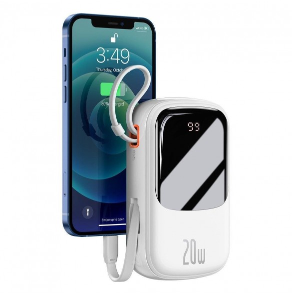 Baseus Qpow Digital Display Power Bank med snabbladdning 20000mAh 20W QC/PD/SCP/FCP med inbyggd Lightning-kabel Vit