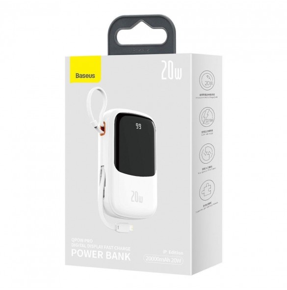 Baseus Qpow Digital Display Power Bank med snabbladdning 20000mAh 20W QC/PD/SCP/FCP med inbyggd Lightning-kabel Vit